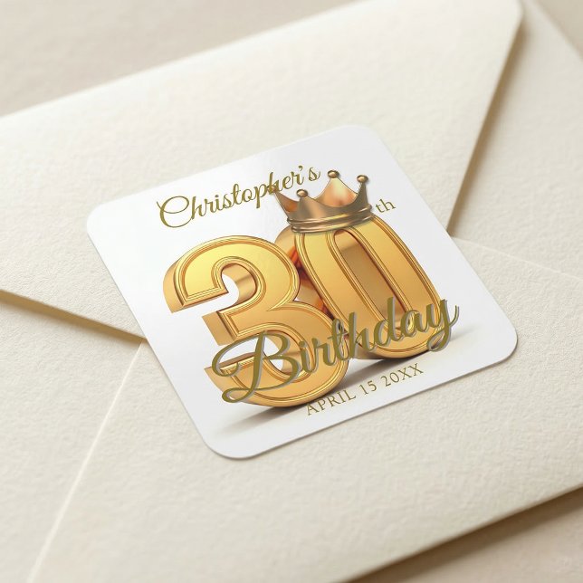Adesivo Quadrado Elegant 3D Gold Crown 30th Birthday Party (Criador carregado)