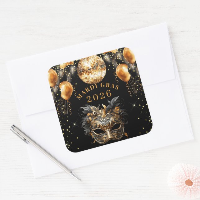 Adesivo Quadrado Elegant Black Gold Glitter Mardi Gras 2026 (Envelope)