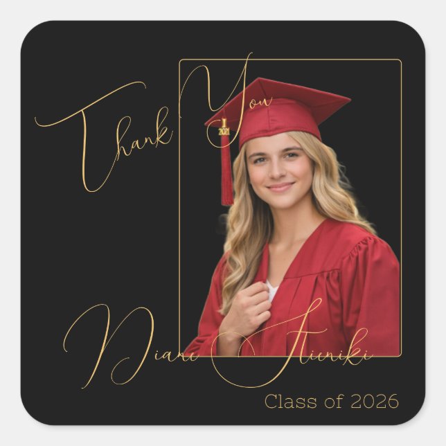 Adesivo Quadrado Elegant Black & Gold Graduation Thank You  (Frente)