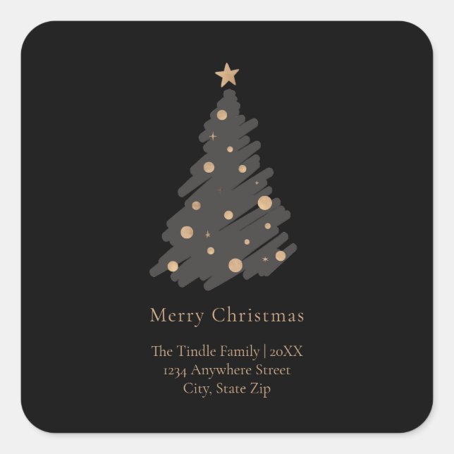 Adesivo Quadrado Elegant Black Grey Gold Script Christmas Tree (Frente)