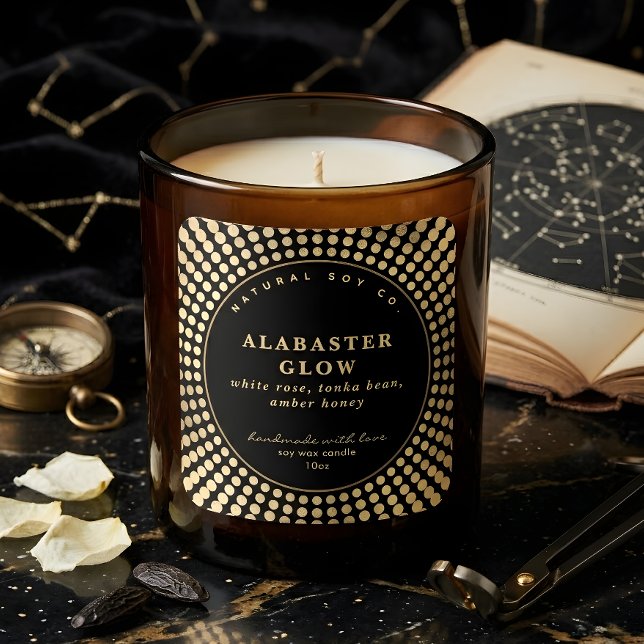 Adesivo Quadrado Elegant Black Shiny Gold Circle Soy Bean Candle (Elegant Black Shiny Gold Circle Soy Bean Candle Square Sticker)