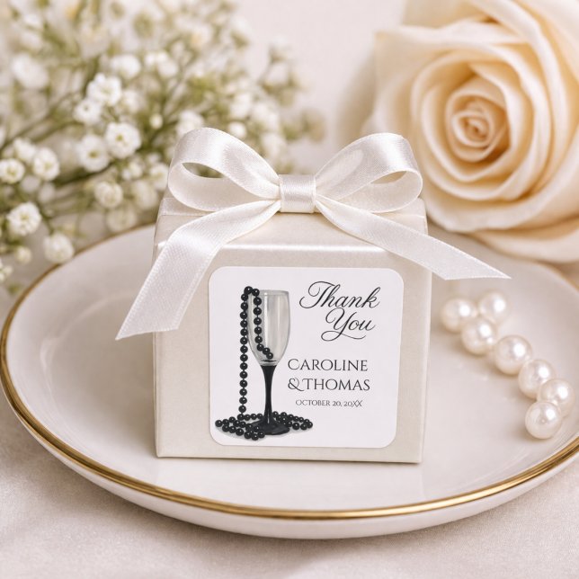 Adesivo Quadrado Elegant Black White Wedding Favor Thank You (Criador carregado)