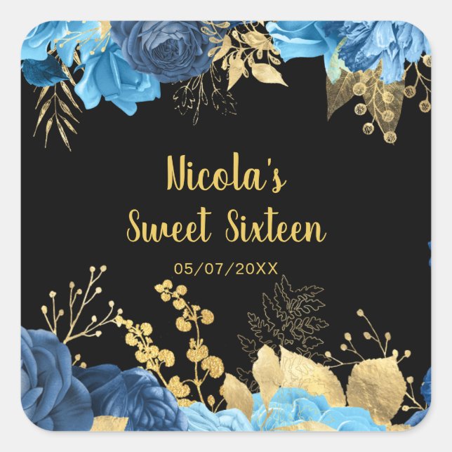 Adesivo Quadrado Elegant Blue and Gold Flowers Sweet Sixteen (Frente)