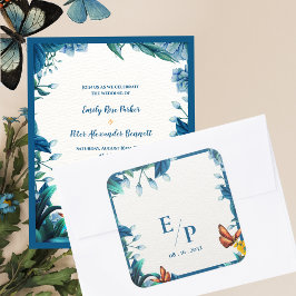 Adesivo Quadrado Elegant Blue Botanical Butterfly Monogram Wedding
