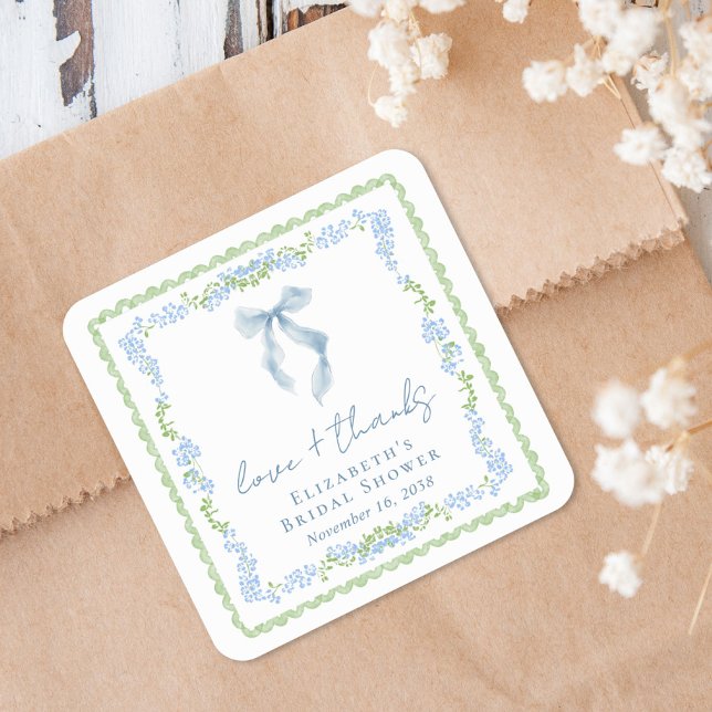Adesivo Quadrado Elegant Blue Bow Bridal Shower Agradecimento (Elegant Blue Bow Bridal Shower Thank You Square Sticker)