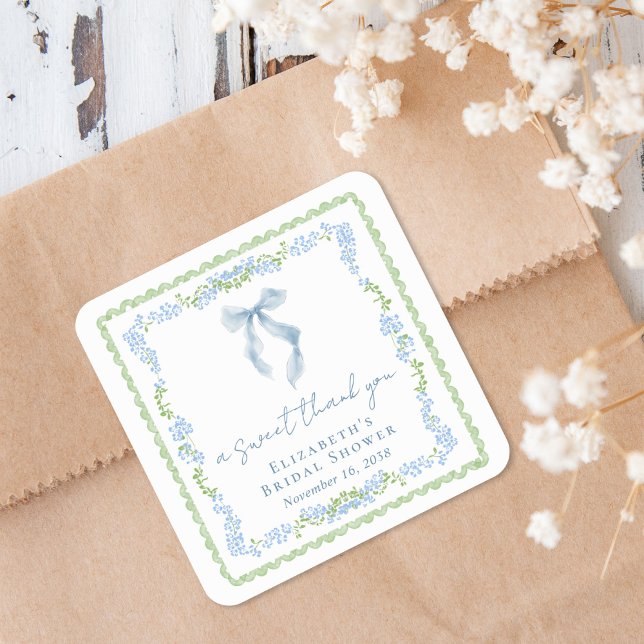Adesivo Quadrado Elegant Blue Bow Bridal Shower Thank You (Elegant Blue Bow Bridal Shower Thank You Square Sticker)