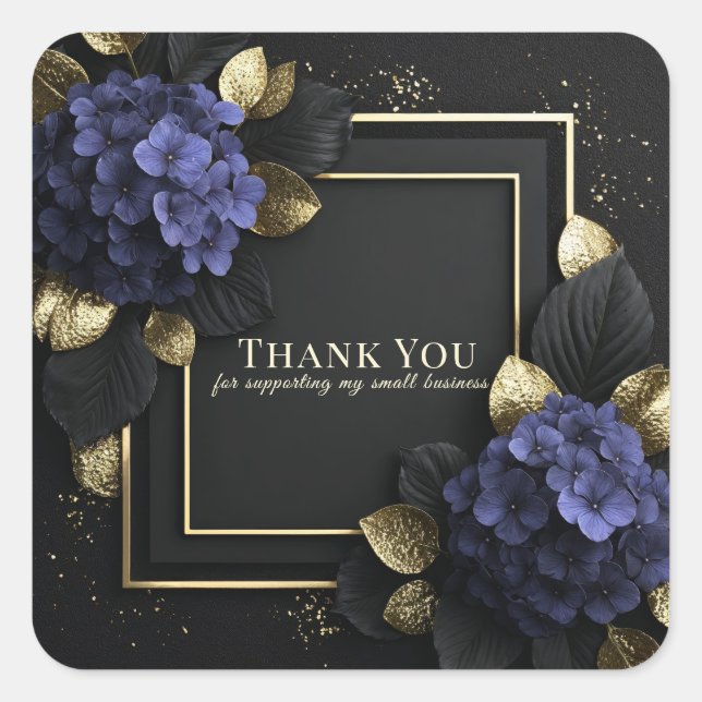 Adesivo Quadrado Elegant Blue Hydrangea Black and Gold Leaf Floral (Frente)