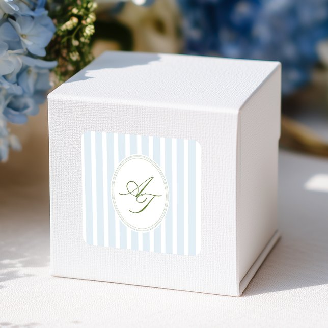 Adesivo Quadrado Elegant Blue Stripes Monogram  (Criador carregado)