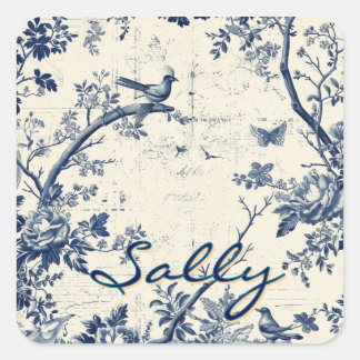 Adesivo Quadrado Elegant Blue Toile Bird Floral Pattern