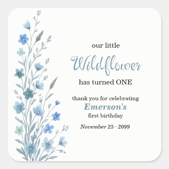 Adesivo Quadrado Elegant Blue Wildflower 1st Birthday Party (Frente)