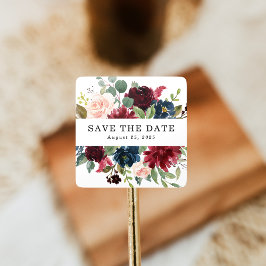 Adesivo Quadrado Elegant Blush Burgundy Navy Floral Save The Date