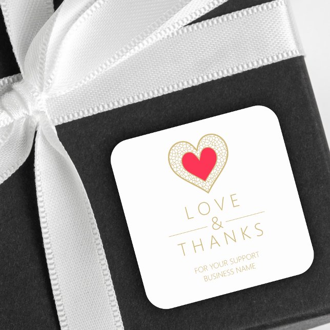 Adesivo Quadrado Elegant Chic Gratitude Red Gold Heart Lace  (Exquisite Chic Red Fake Golden Heart Lace Effect Love & Thanks Supporting Small Business.)