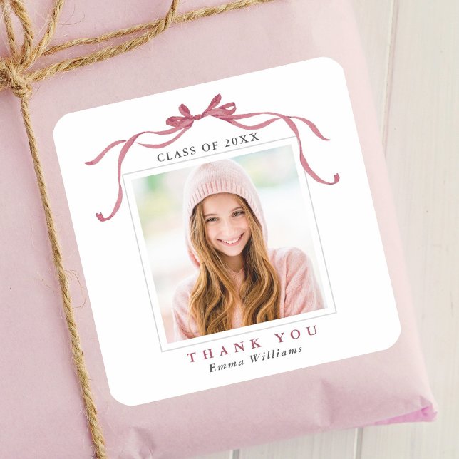 Adesivo Quadrado Elegant Deep Blush Bow Graduation Photo Thank You  (Criador carregado)