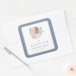 Adesivo Quadrado Elegant Dusty Blue Boy Photo Baptism