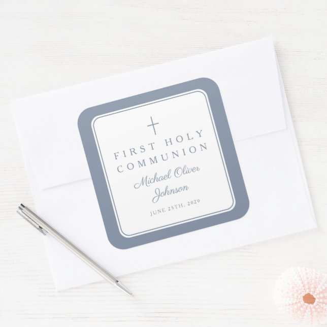 Adesivo Quadrado Elegant Dusty Blue Cross Boy First Communion  (Envelope)