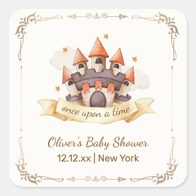 Adesivo Quadrado Elegant Fairytale Prince Castle Baby Shower (Frente)