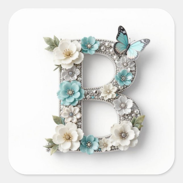 Adesivo Quadrado Elegant Floral Your Monogram B Paper Stickers (Frente)