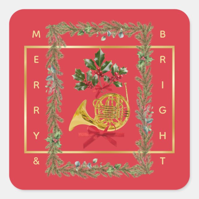 Adesivo Quadrado Elegant French Horn Christmas Cherry Red (Frente)