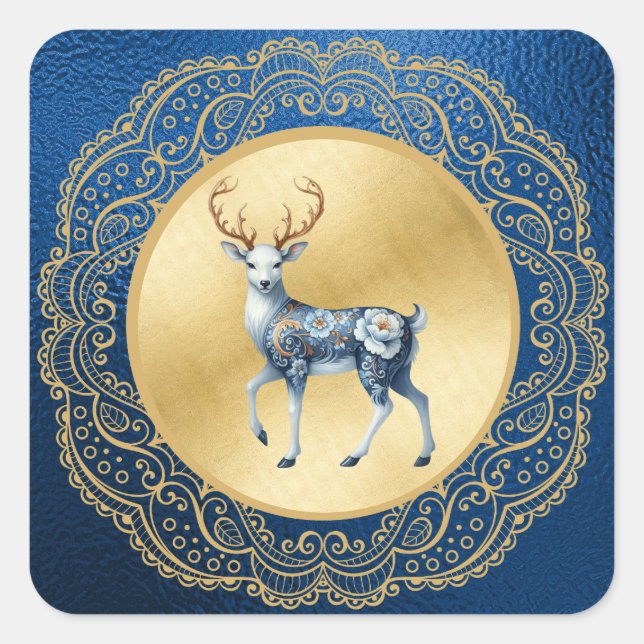 Adesivo Quadrado Elegant Gold and Blue Stickers Christmas  (Frente)