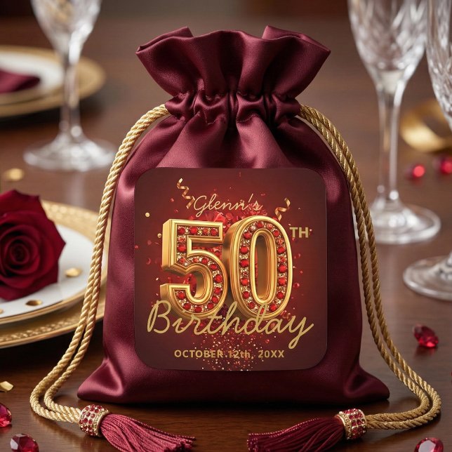 Adesivo Quadrado Elegant Gold and Ruby Red 50th Birthday Party (Criador carregado)