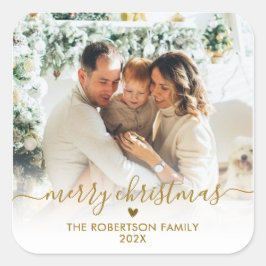Adesivo Quadrado Elegant Gold Script Family Photo Merry Christmas 