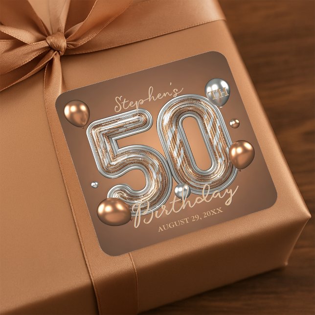 Adesivo Quadrado Elegant Golden Bronze Silver 50th Birthday (Criador carregado)