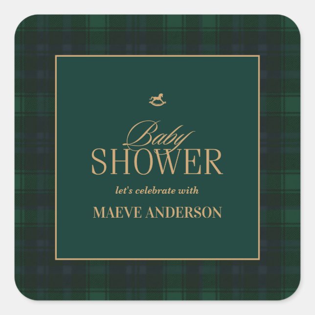 Adesivo Quadrado Elegant Green navy gold Plaid tartan Baby shower (Frente)