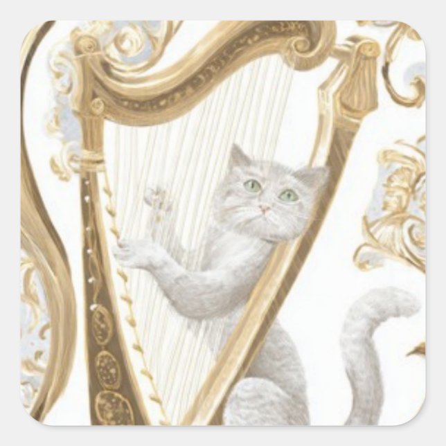 Adesivo Quadrado Elegant Harp Cat Sticker – Minimal Fantasy (Frente)