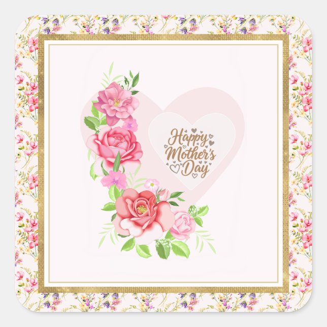 Adesivo Quadrado Elegant Heart Happy Mother’s Day – Rose Floral (Frente)