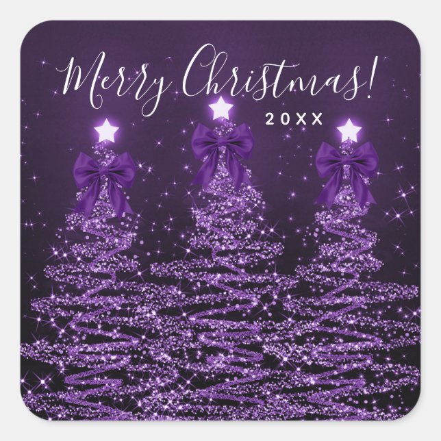 Adesivo Quadrado Elegant Holiday Purple Christmas Trees Bows  (Frente)