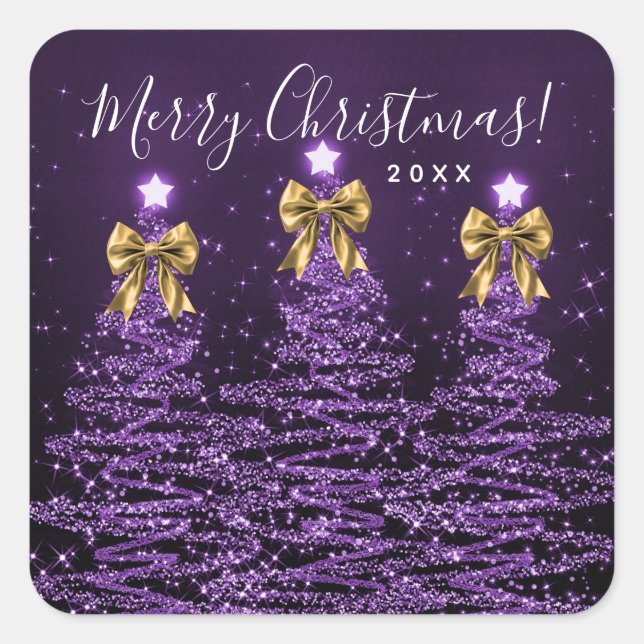 Adesivo Quadrado Elegant Holiday Purple Christmas Trees Bows Gold  (Frente)