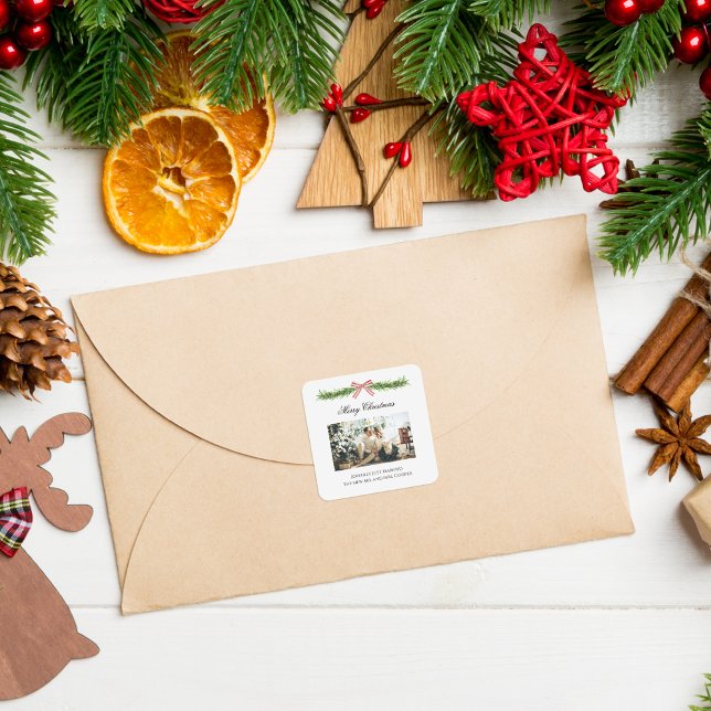 Adesivo Quadrado Elegant Just Married Newlywed Christmas Photo (Criador carregado)