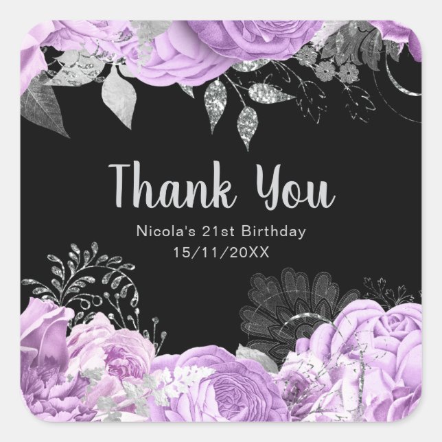 Adesivo Quadrado Elegant Lilac and Silver Flowers Birthday Party (Frente)