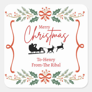 Adesivo Quadrado Elegant Merry Christmas Sticker with Santa Sleigh