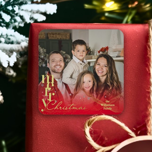 Adesivo Quadrado Elegant Modern Holiday Family Christmas Photo Gift (Criador carregado)