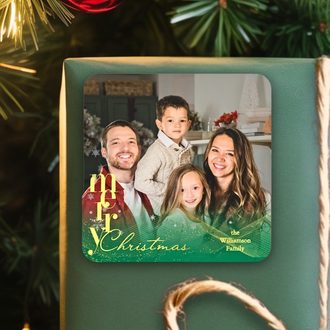 Adesivo Quadrado Elegant Modern Holiday Family Christmas Photo Gift (Criador carregado)