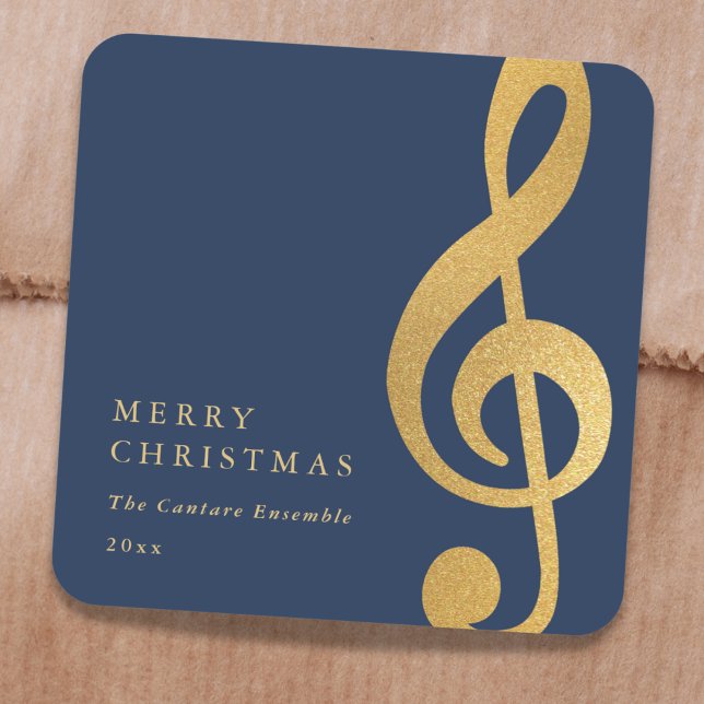 Adesivo Quadrado Elegant Musical Gold Treble Clef Merry Christmas (Criador carregado)