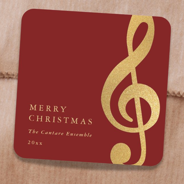 Adesivo Quadrado Elegant Musical Gold Treble Clef Merry Christmas (Criador carregado)