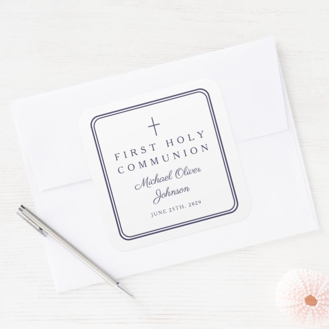 Adesivo Quadrado Elegant Navy Blue Cross Boy First Communion  (Envelope)