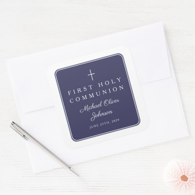 Adesivo Quadrado Elegant Navy Blue Cross Boy First Communion  (Envelope)