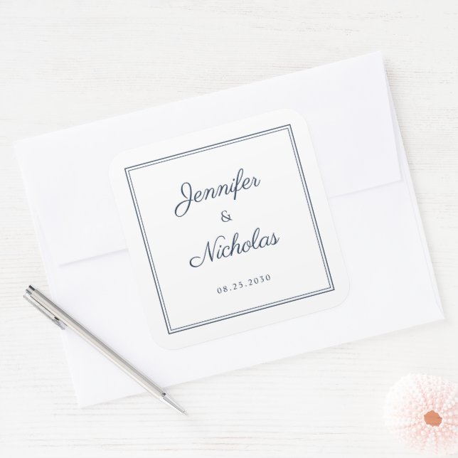 Adesivo Quadrado Elegant Navy Blue Script Wedding (Envelope)