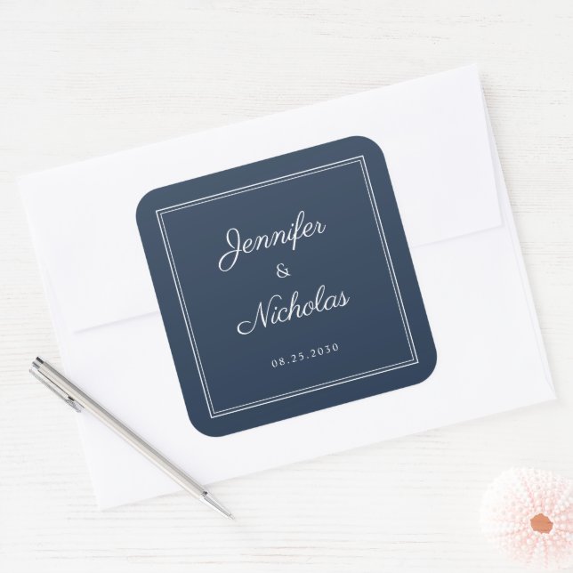 Adesivo Quadrado Elegant Navy Blue Script Wedding (Envelope)