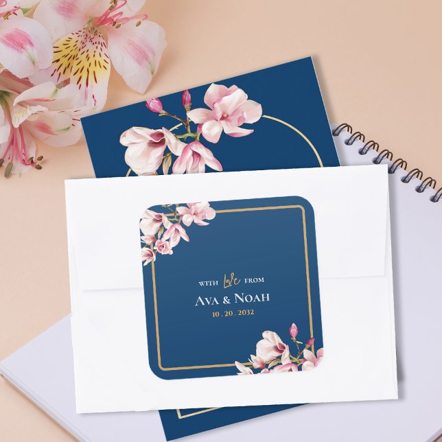 Adesivo Quadrado Elegant Navy Blush Pink Magnolia Floral Wedding (Elegant Navy Blush Pink Magnolia Floral Wedding Square Sticker)