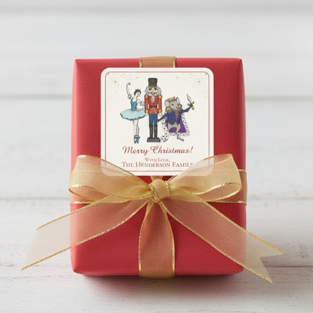 Adesivo Quadrado Elegant Nutcracker Feliz Natal (Festive Nutcracker Ballet Merry Christmas Sticker. Elegant Red Script. Cute Nutcracker & Ballerina)