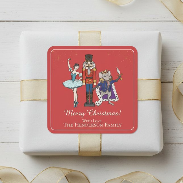 Adesivo Quadrado  Elegant Nutcracker Merry Christmas (Festive Red Nutcracker Ballet Merry Christmas Sticker. Elegant Script. Cute Nutcracker & Ballerina)