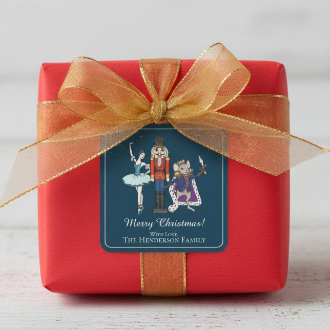 Adesivo Quadrado Elegant Nutcracker Merry Christmas Square Sticker (Festive Nutcracker Ballet Merry Christmas Sticker. Elegant Navy Blue. Cute Nutcracker & Ballerina)
