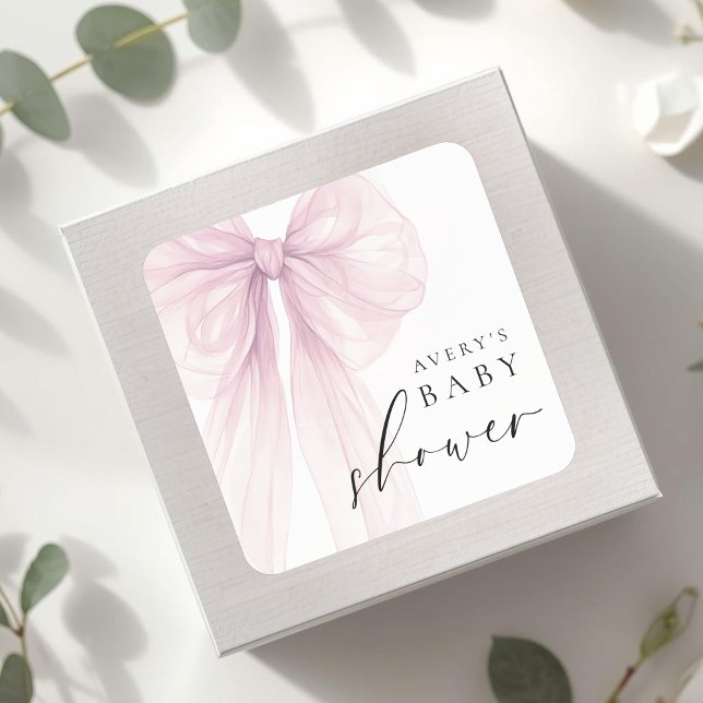 Adesivo Quadrado Elegant Pink Bow Baby Shower (Criador carregado)