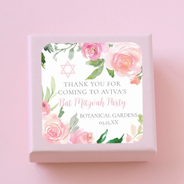 Adesivo Quadrado Elegant Pink Floral Bat Mitzvah Party Custom (Criador carregado)