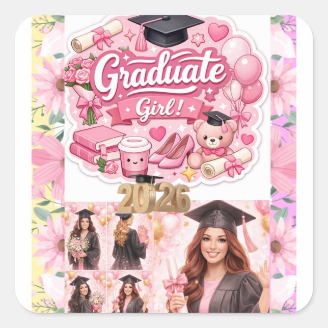 Adesivo Quadrado Elegant Pink Floral Graduation Party baner (Frente)
