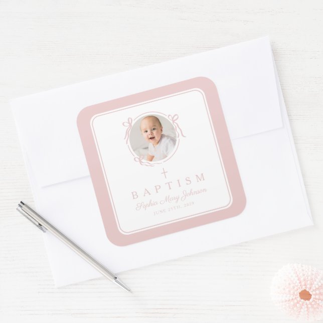 Adesivo Quadrado Elegant Pink Girl Photo Baptism (Envelope)